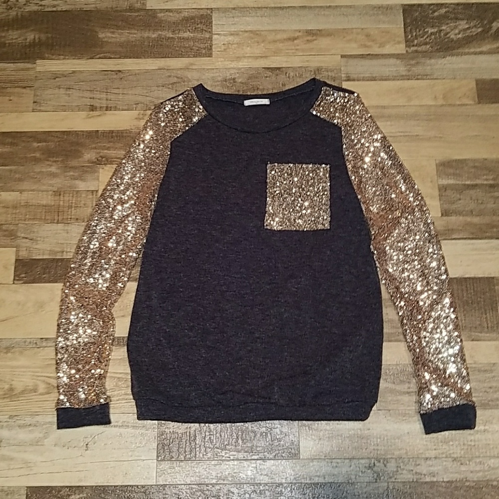 NWOT Charcoal Sequin Sleeve Blouse - Picture 3 of 6